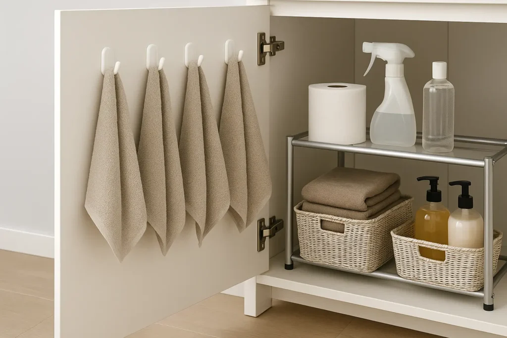 Install Hooks Inside Cabinet Doors - bathroom organizer