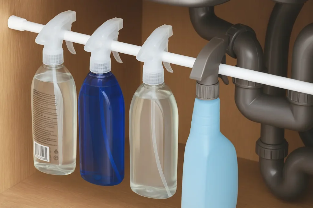 Use a Tension Rod for Spray Bottles - bathroom organizer
